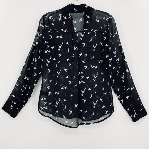 Express Portofino Sheer Black Bird Print Roll-Tab Sleeve Button-Down Shirt - Picture 2 of 10